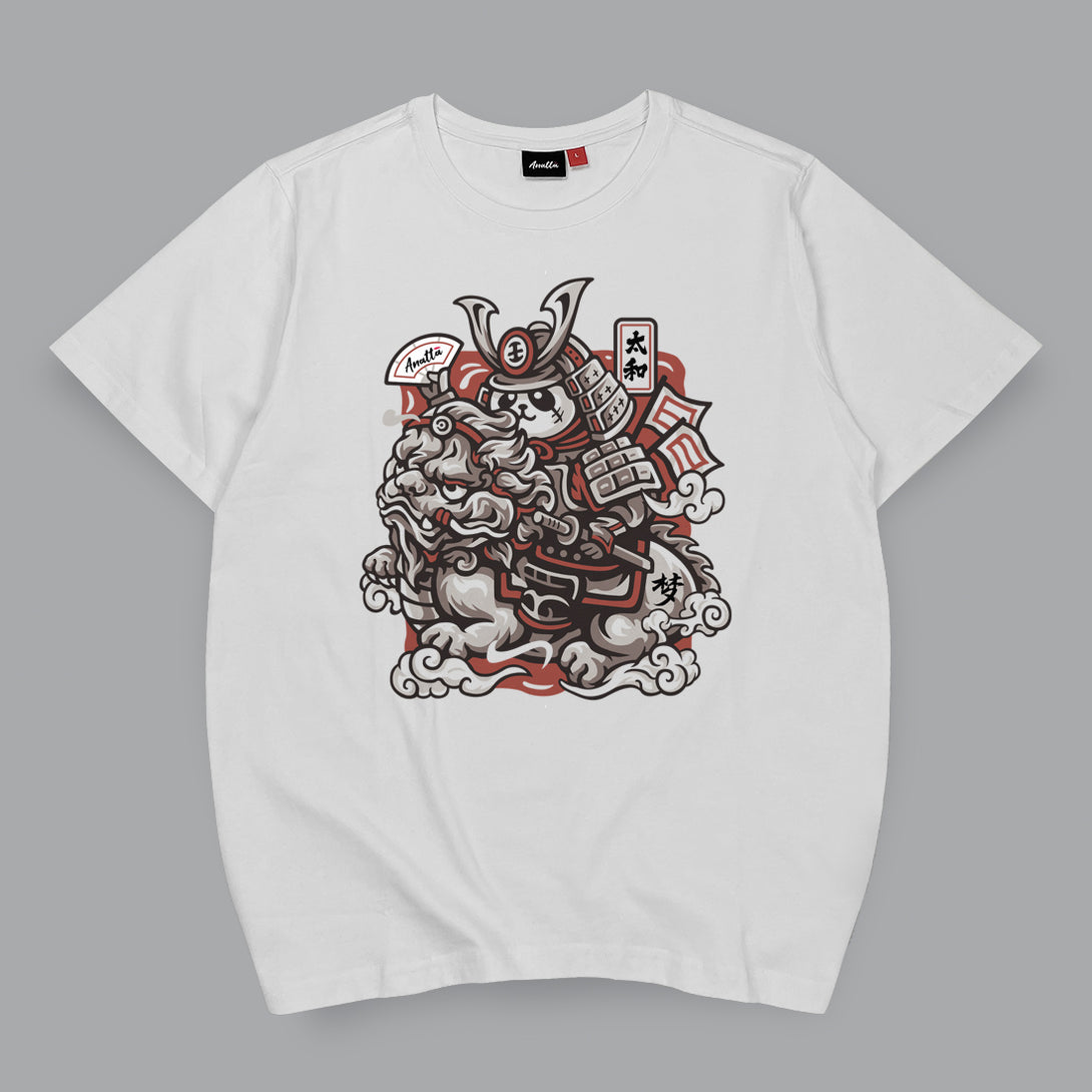 Dream Big - A Japanese style white heavyweight T-shirt featuring a design of a panda warrior in Japanese style riding a Qilin printed on the front