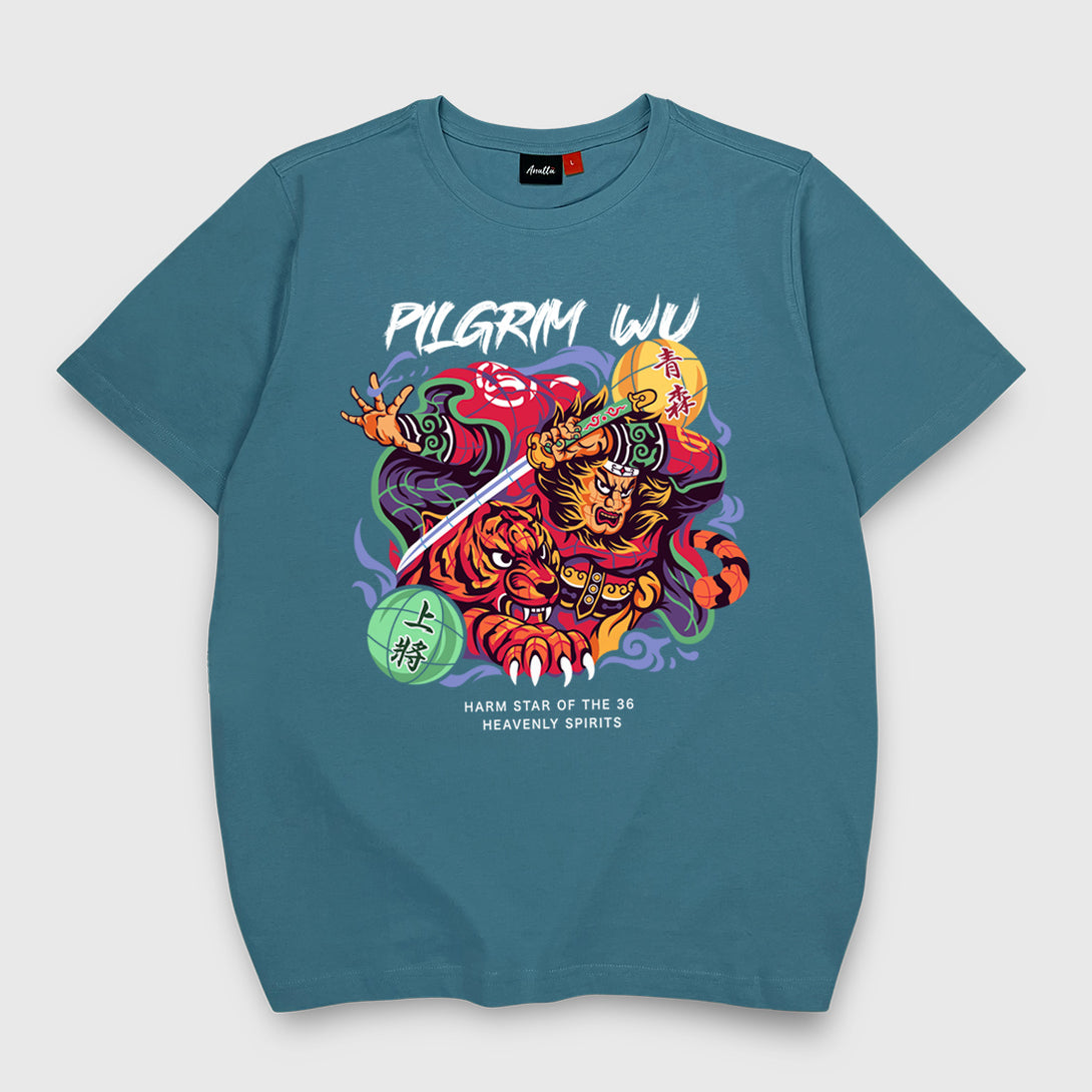 Nebuta Festival - A Japanese style blue stone heavyweight T-shirt with a Nebuta Festival-inspired design depicting a warrior and a tiger, printed on the front
