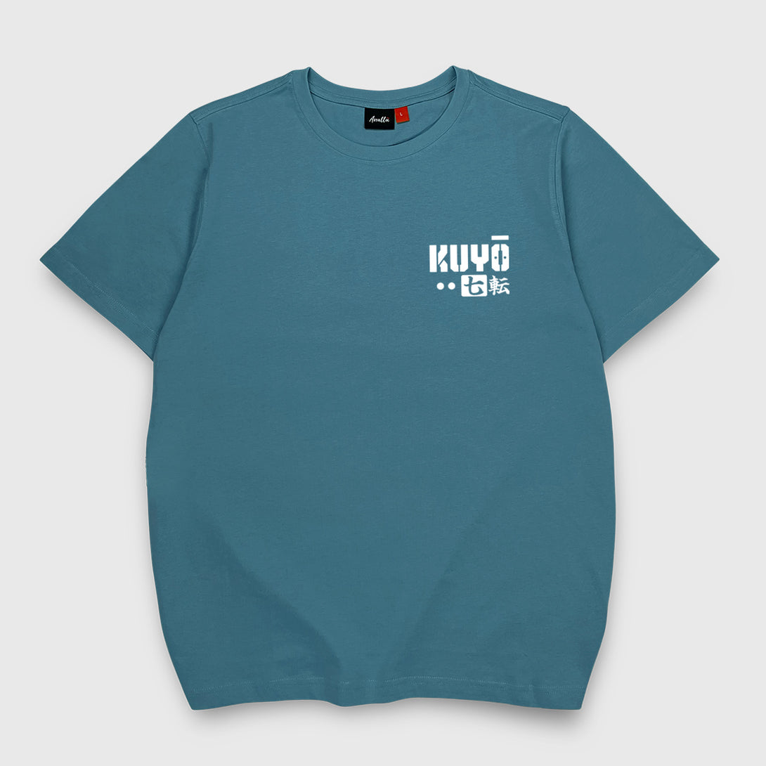 Daruma kuyō - a Japanese style blue stone heavyweight T-shirt featuring a text graphic design, printed on the left chest