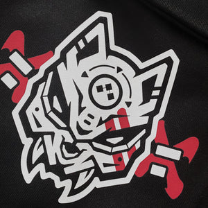 Kitsune Warrior - a close-up of the original design printed on the Japanese style black flap pocket pants-2