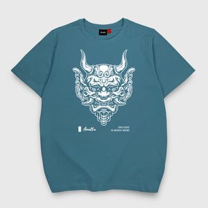 Sins Exist In Human Minds - a Japanese style blue stone heavyweight T-shirt featuring the graphic design inspired by Japanese Oni masks, printed on the front