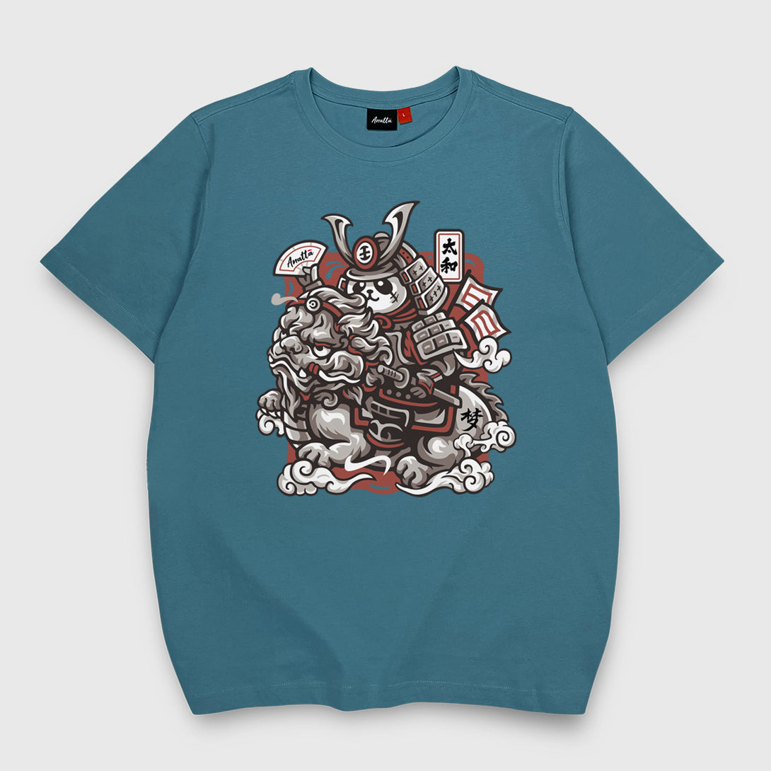 Dream Big - A Japanese style blue stone heavyweight T-shirt featuring a design of a panda warrior in Japanese style riding a Qilin printed on the front