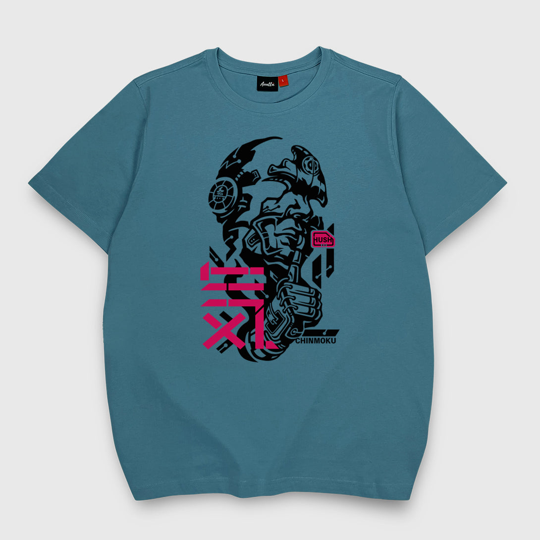 Chinmoku - A Japanese style blue stone heavyweight T-shirt featuring a design of a Japanese mecha-style robot face printed on the front