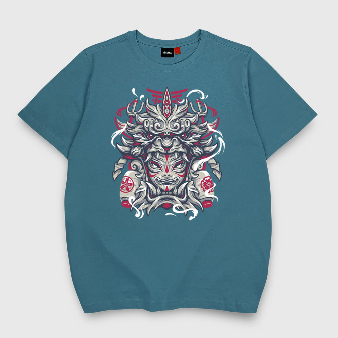 Kitsune - A Japanese style blue stone heavyweight T-shirt featuring the design of an intricate Japanese-style kitsune printed on the front