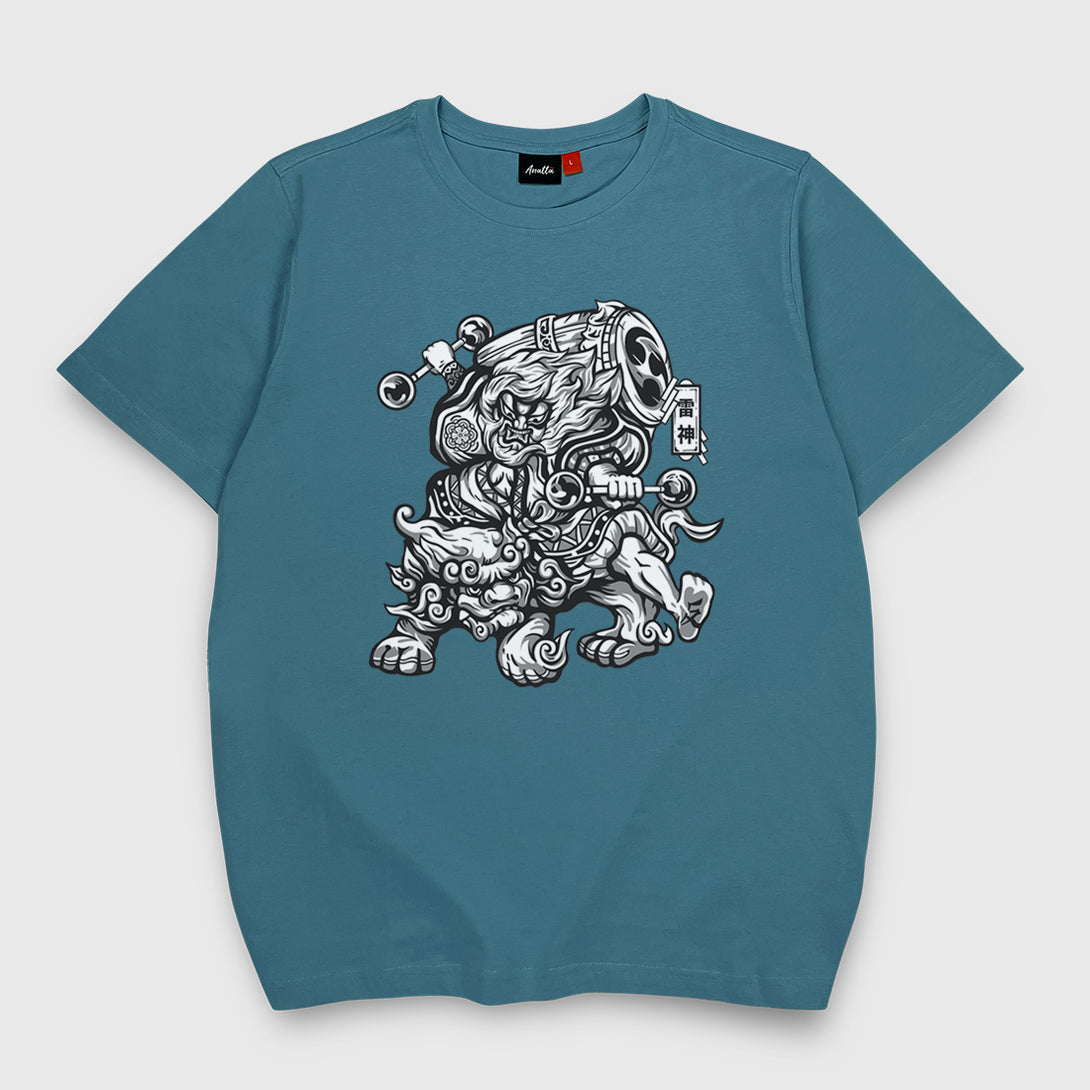 Oriental Thunder God - A Japanese style blue stone heavyweight T-shirt featuring the oriental thunder god  graphic design printed on the front.