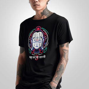 Buddha Head - a model wearing a Japanese style black heavyweight T-shirt featuring the graphic design of a buddha head, printed on the front