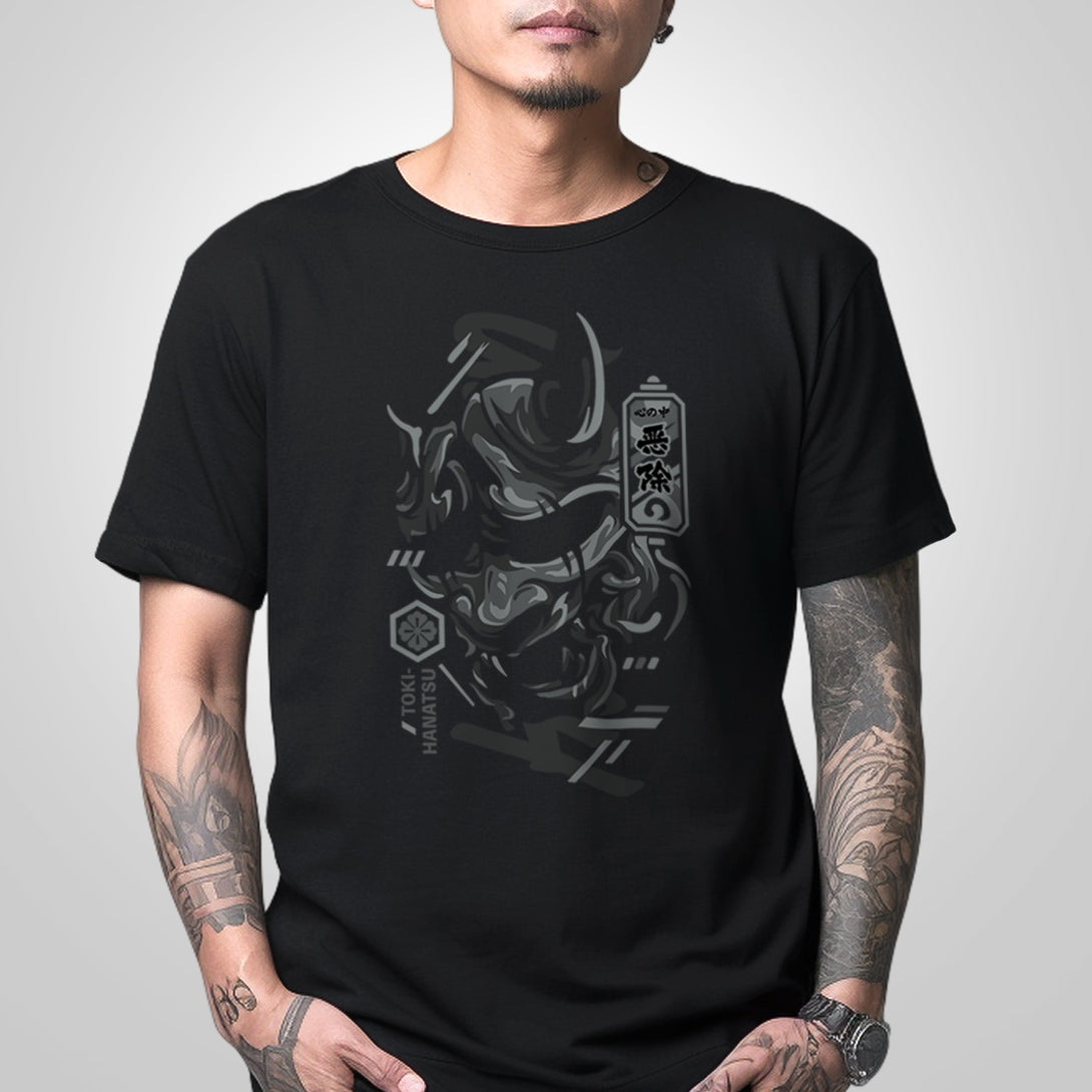 unleash emotion's complexity - a model wearing a Japanese style black heavyweight T-shirt, the graphic design of traditional Japanese demon mask printed on the front.