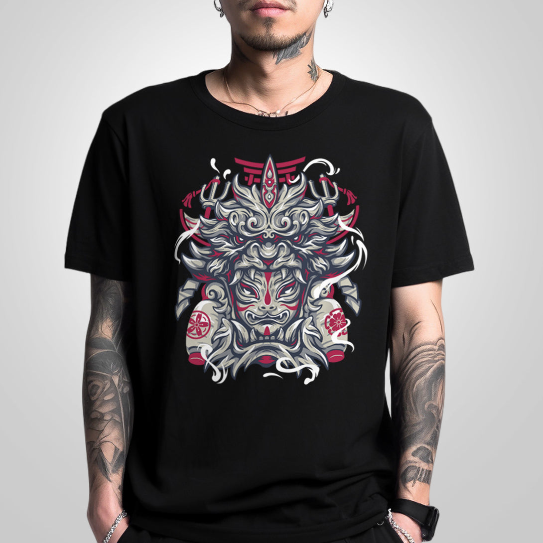 Kitsune - a model wearing a Japanese style white heavyweight T-shirt, featuring the design of an intricate Japanese-style kitsune printed on the front