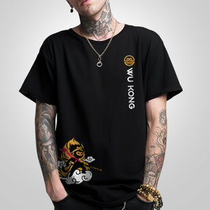 Wukong - a model wearing a Japanese style black heavyweight T-shirt featuring a design of a minimalist style Wukong printed in the bottom right corner. The word Wukong and an icon are printed on the left front