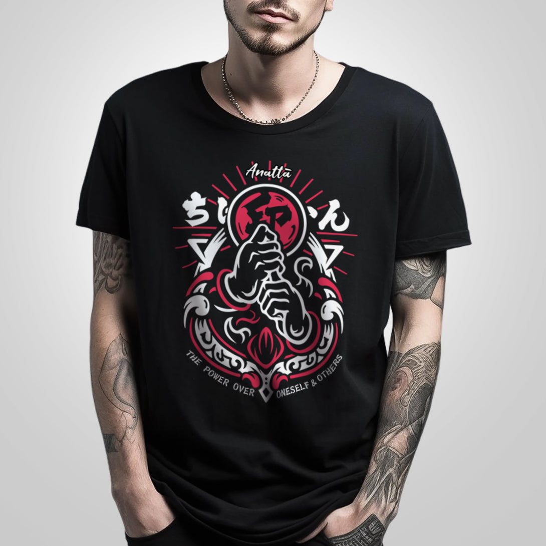 Retsu - a model wearing a Japanese style black heavyweight T-shirt, featuring a design of the Japanese ninja gestures printed on the front