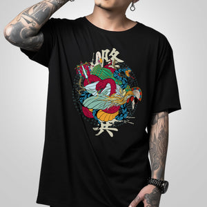 Tender Snake - a model wearing a Japanese style black heavyweight T-shirt featuring a graphic design inspired by ancient Chinese depictions of snakes, printed on the front