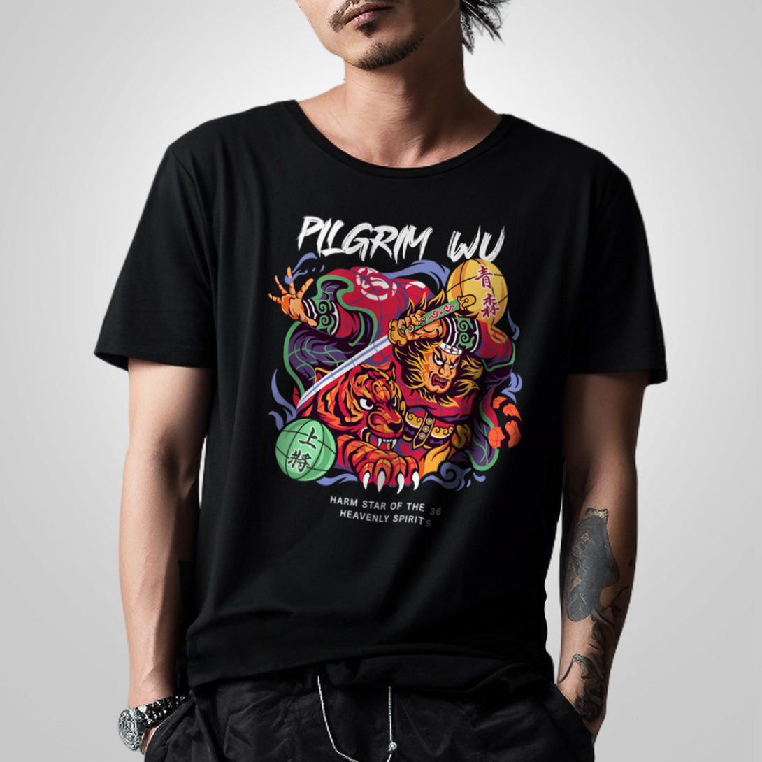 Nebuta Festival - a model wearing a Japanese style black heavyweight T-shirt with a Nebuta Festival-inspired design depicting a warrior and a tiger, printed on the front