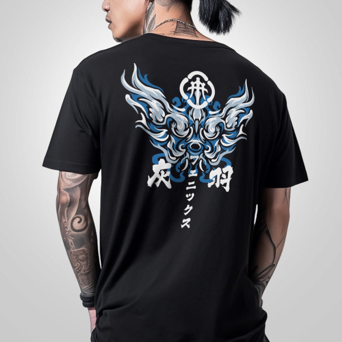 Fenikkusu - a model wearing a Japanese style black heavyweight T-shirt, featuring a design of a traditional Japanese phoenix printed on the back-back view-1