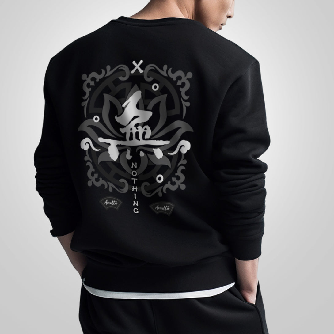 Emptiness - a model wearing a black sweatshirt featuring a design with a background of religious patterns, overlaid with the Chinese character WU (meaning emptiness) printed on the back
