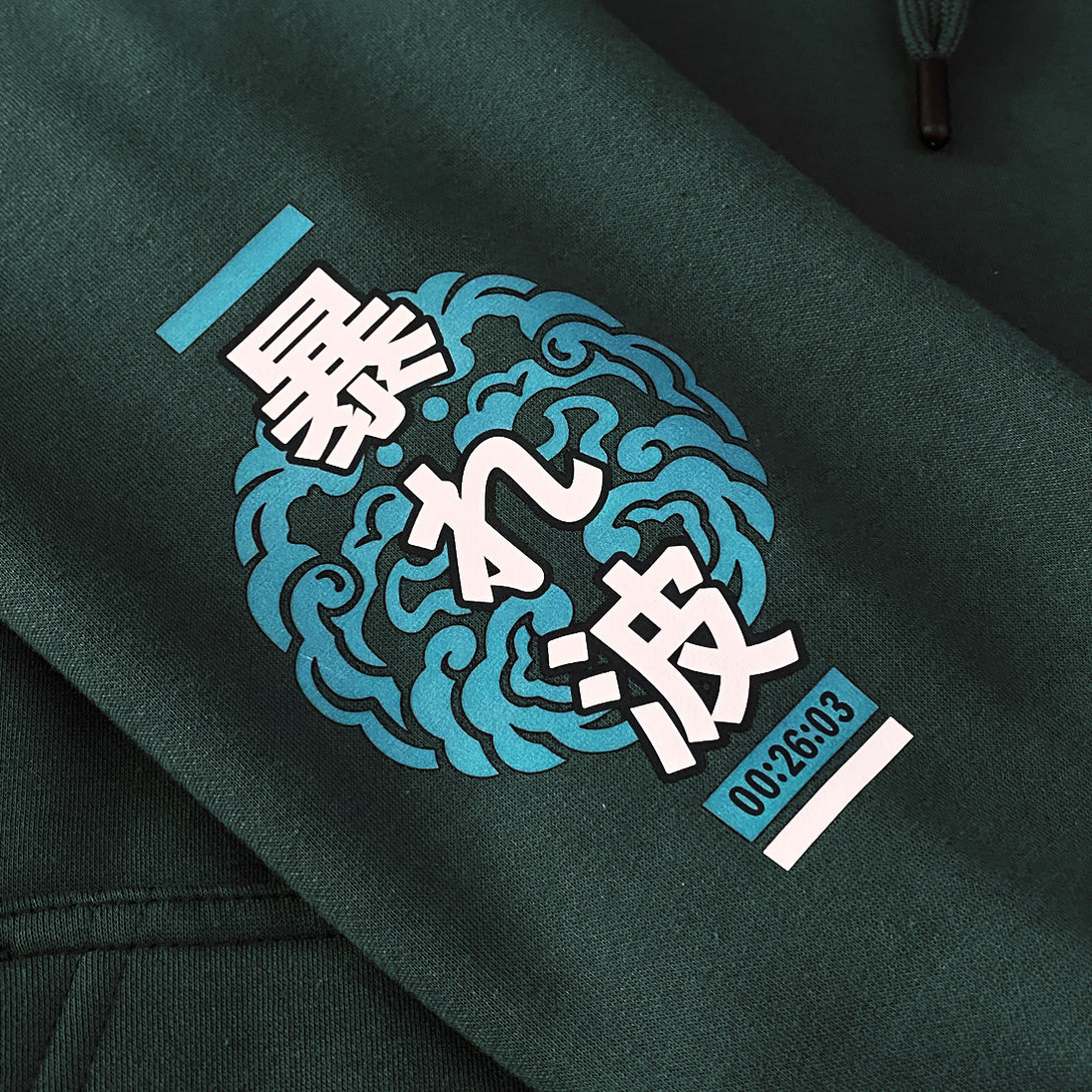 Rogue wave - a close-up of the graphic design on a Japanese style dark green hoodie sleeves
