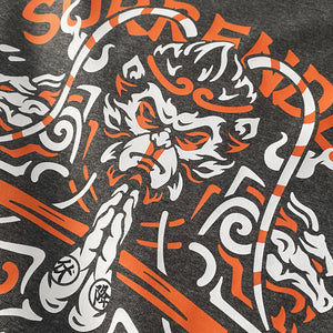a close-up of a graphic design of Sun Wukong Surrendering, printed on the front,of a Japanese style heavyweight T-shirt-2— Anatta Streetwear. Perfect for fans of Chinese mythology and street fashion