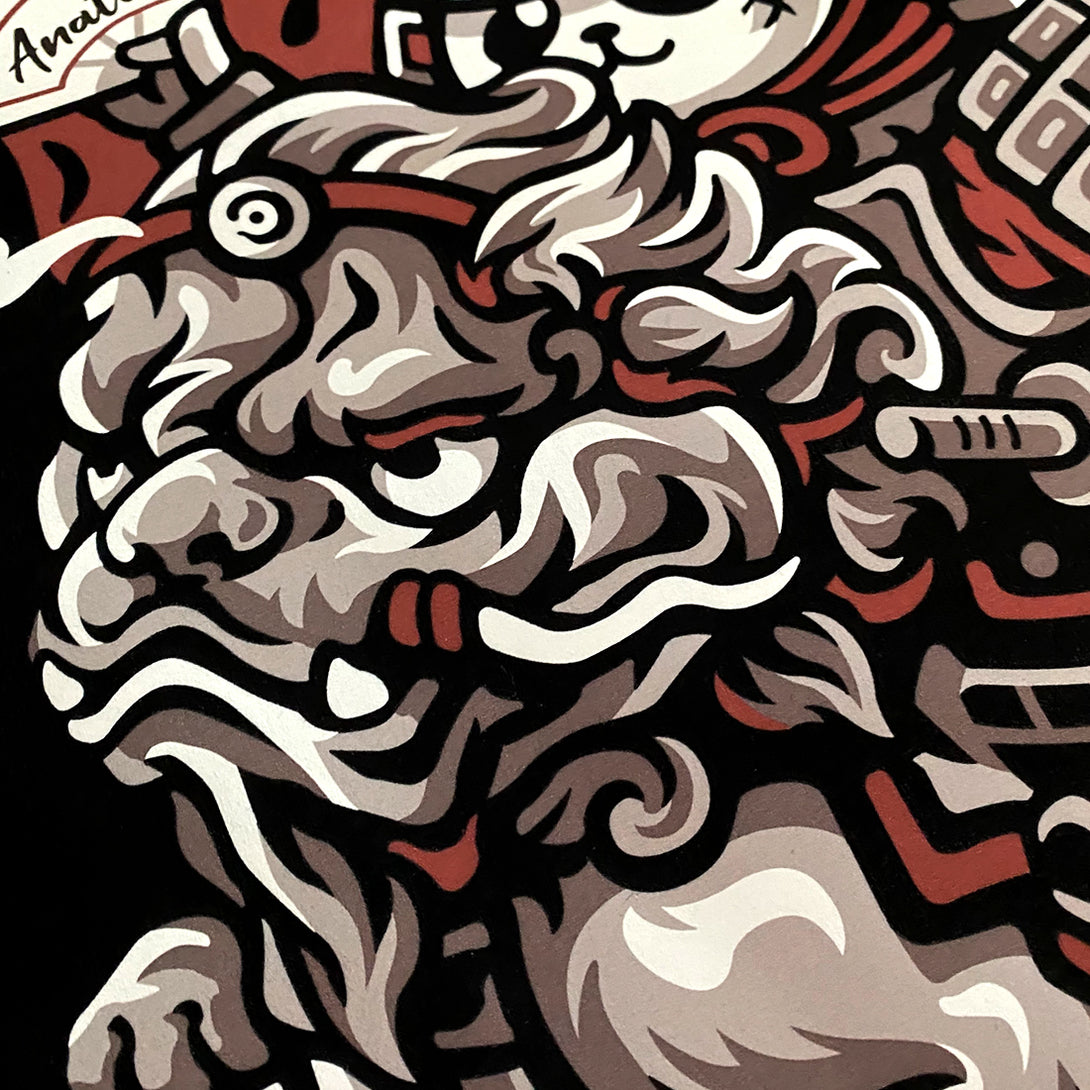 Dream Big - a close-up of a design of a panda warrior in Japanese style riding a Qilin printed on the front of a Japanese style black heavyweight T-shirt -2