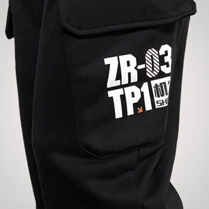 Mecha-Danger Zone - a Japanese style black flap pocket pants with original graphic design - left side view