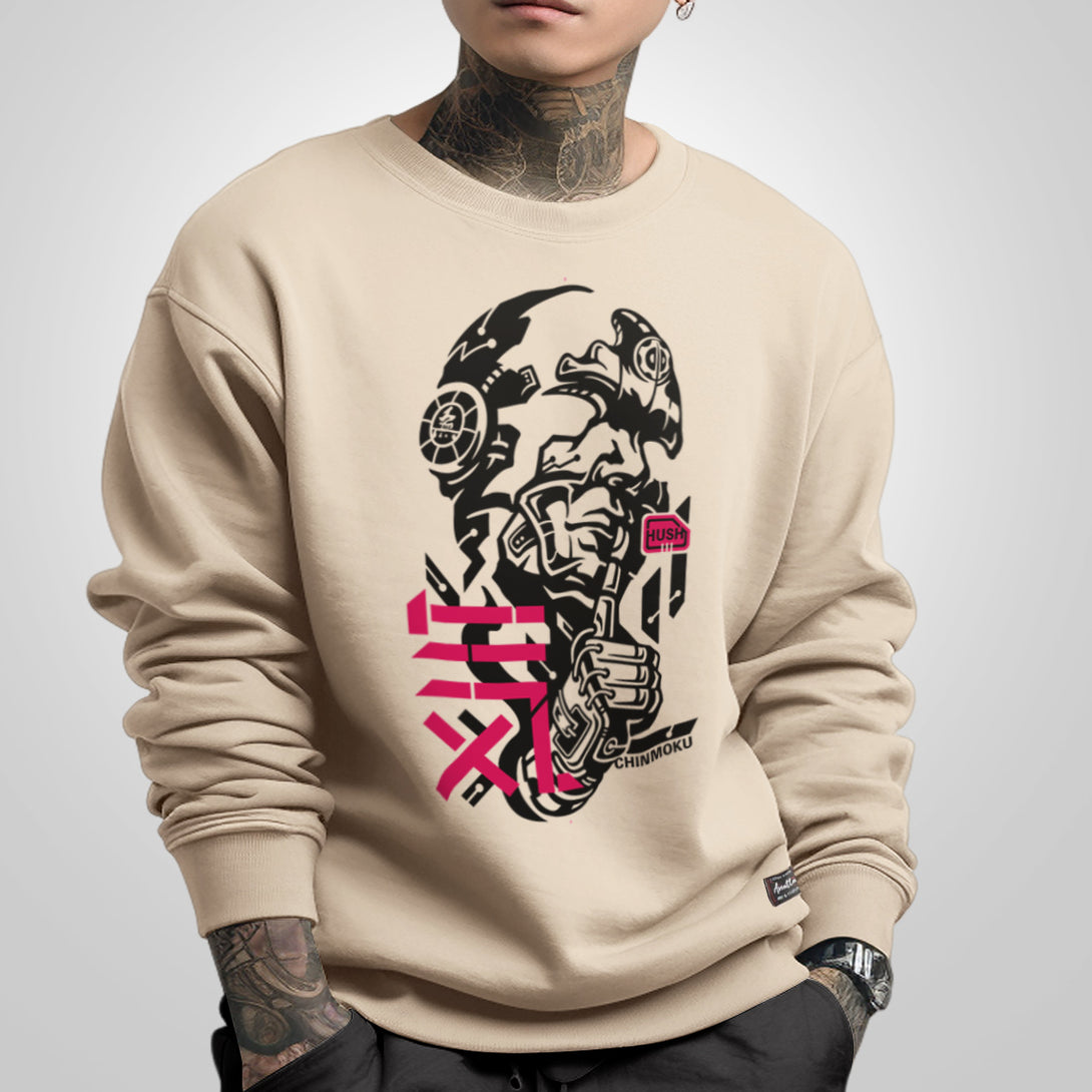 Chinmoku - a model wearing a khaki sweatshirt, featuring a design of a Japanese mecha-style robot face printed on the front