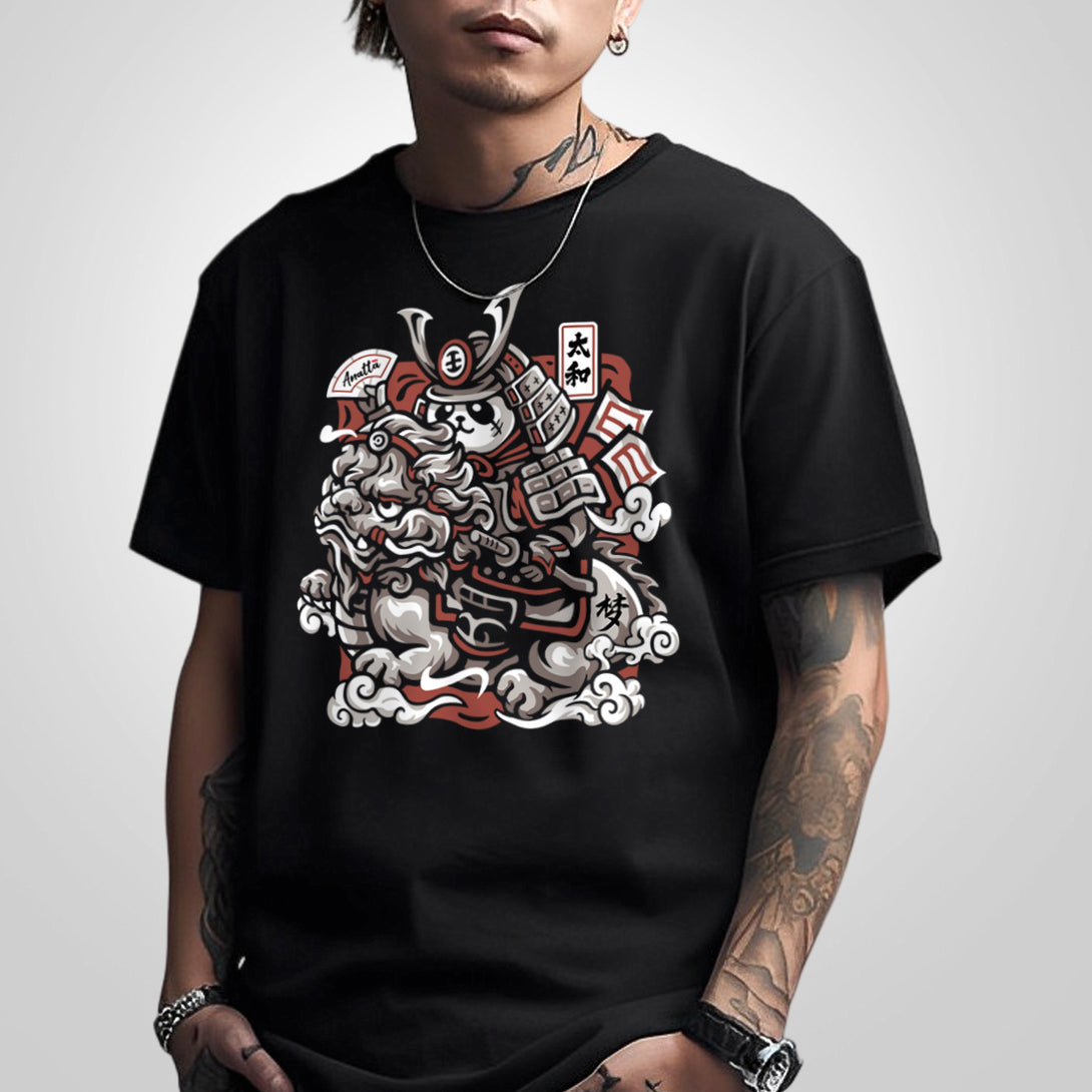 Dream Big - a model wearing a Japanese style black heavyweight T-shirt, featuring a design of a panda warrior in Japanese style riding a Qilin printed on the front