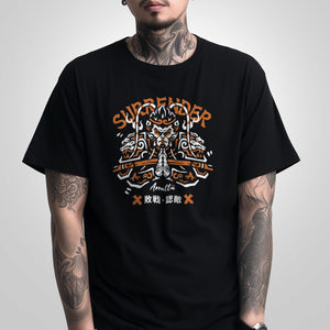 a model wearing a Japanese style black heavyweight T-shirt featuring a graphic design of Sun Wukong Surrendering, printed on the front - Anatta Streetwear