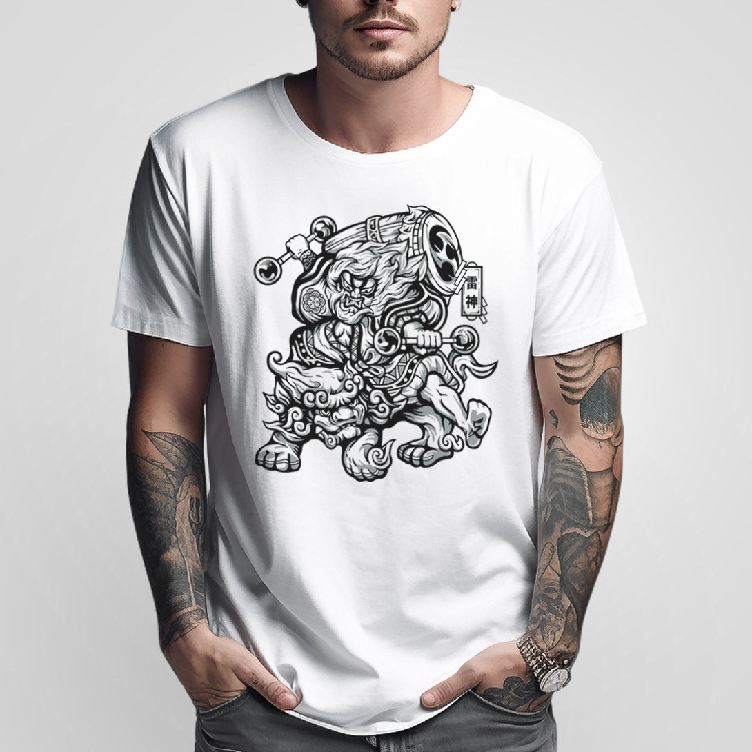 Oriental Thunder God - a model wearing a Japanese style white heavyweight T-shirt, the oriental thunder god graphic design printed on the front