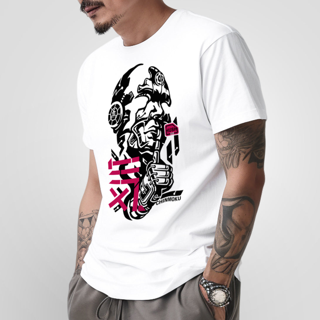 Chinmoku - a model wearing a Japanese style white heavyweight T-shirt, featuring a design of a Japanese mecha-style robot face printed on the front