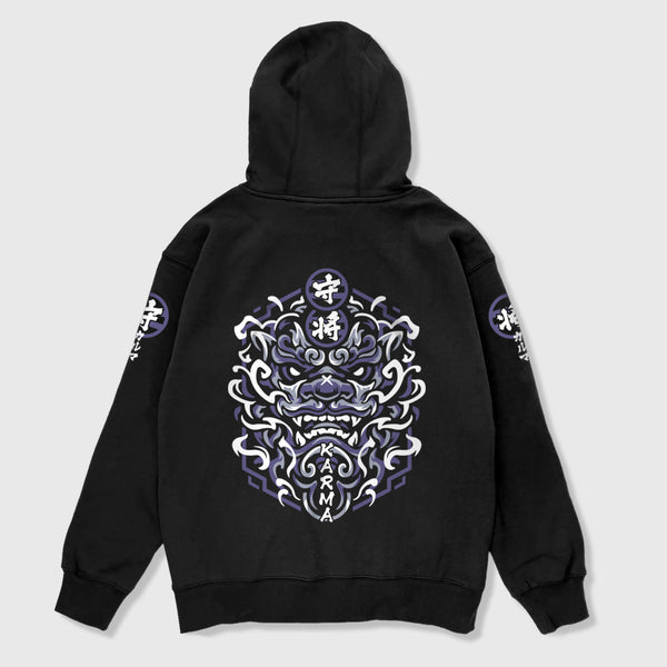 Wrathful deity - A Japanese style black hoodie with a Japanese mythical creature illustration printed on the back, Japanese characters printed on the sleeves