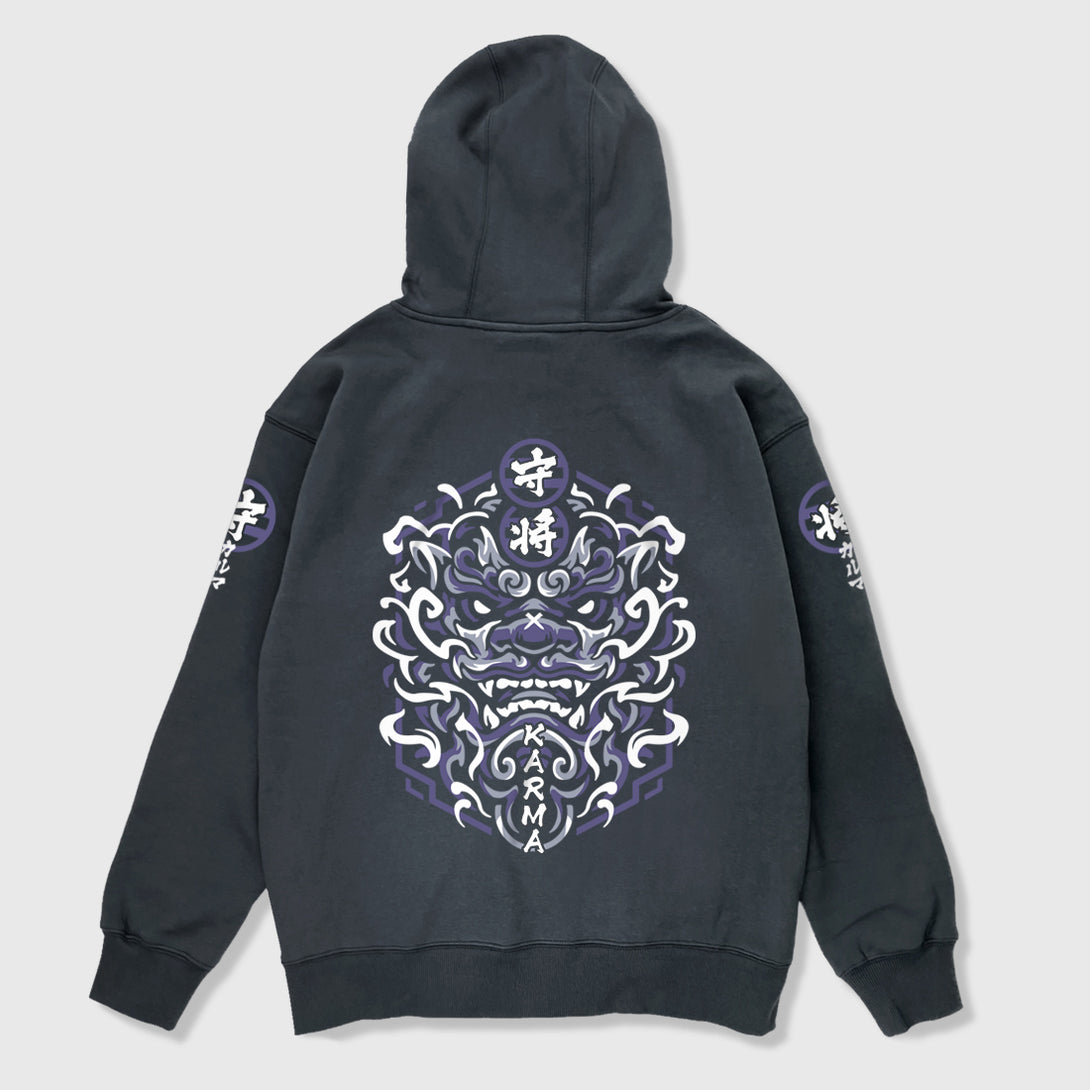 Wrathful deity - A Japanese style dark grey hoodie with a Japanese mythical creature illustration printed on the back, Japanese characters printed on the sleeves