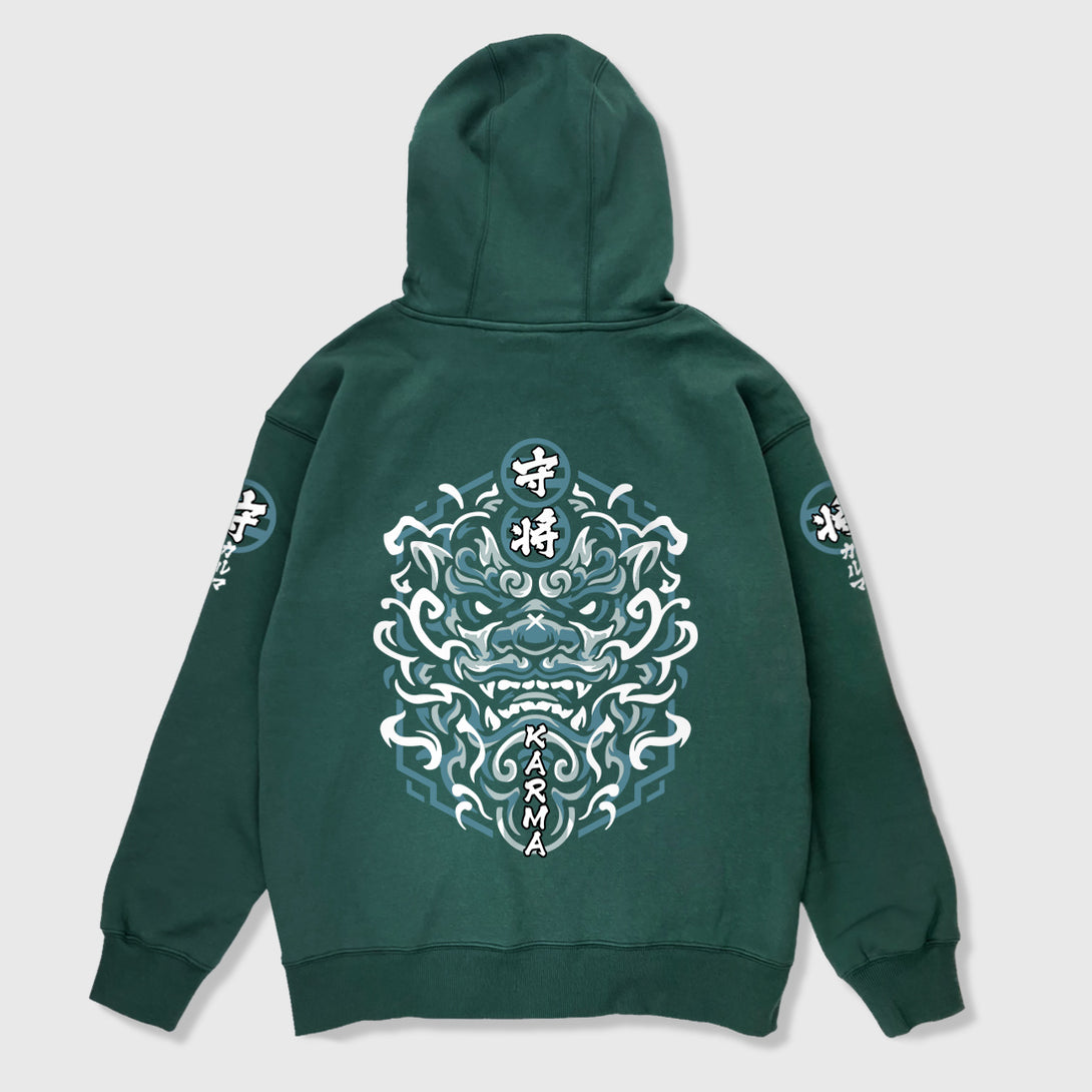 Wrathful deity - A Japanese style dark green hoodie with a Japanese mythical creature illustration printed on the back, Japanese characters printed on the sleeves