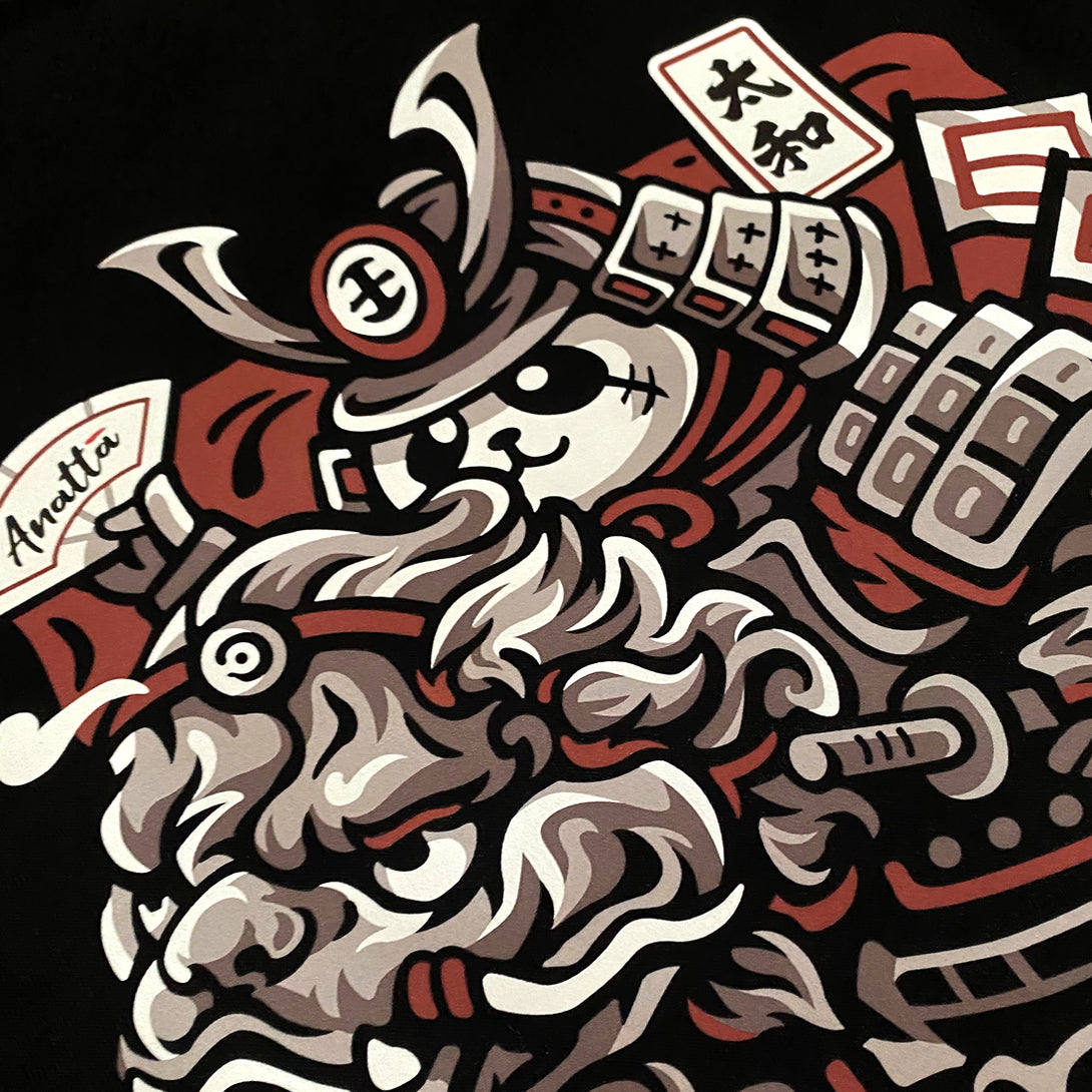 Dream Big - a close-up of a design of a panda warrior in Japanese style riding a Qilin printed on the front of a Japanese black sweatshirt-1