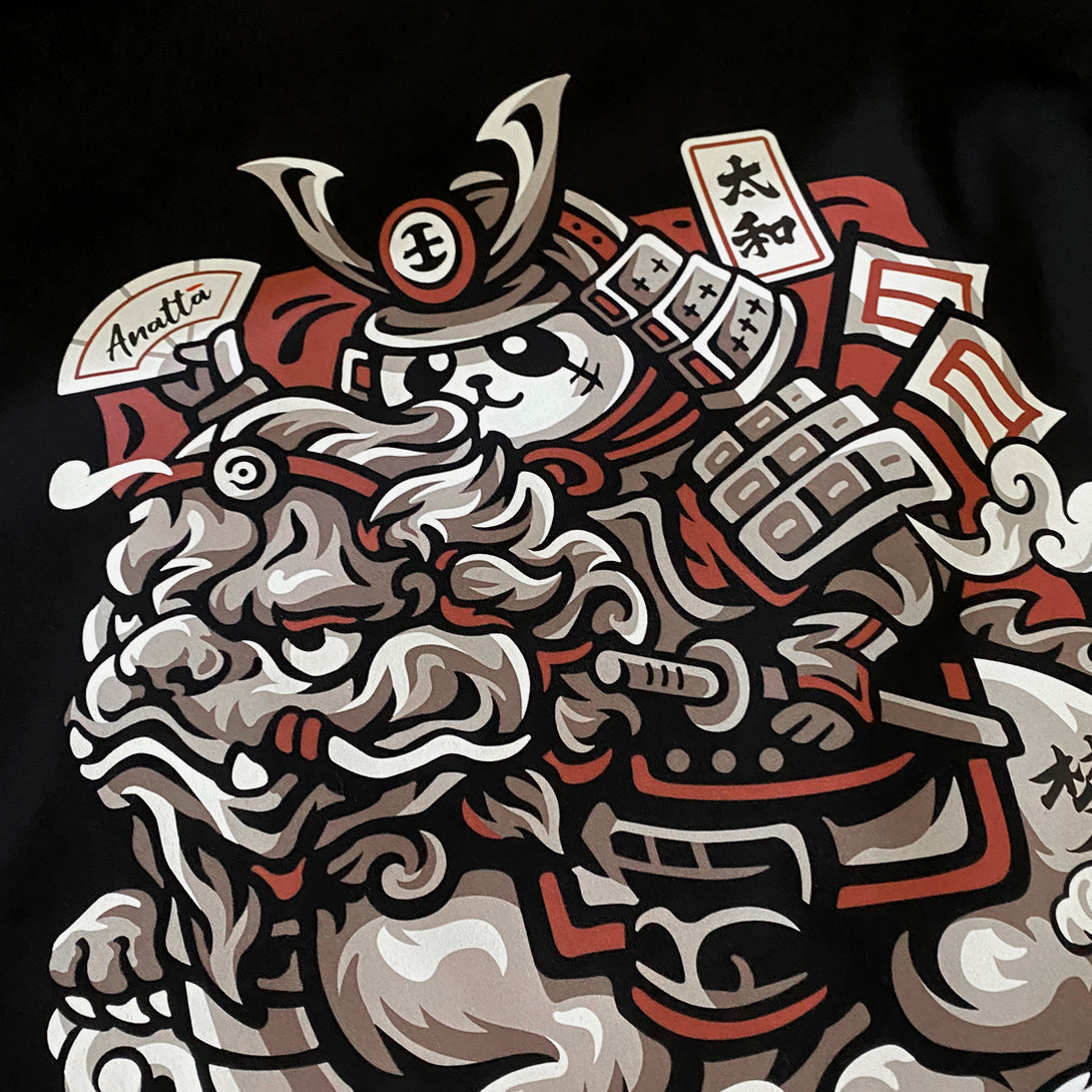 Dream Big - a close-up of a design of a panda warrior in Japanese style riding a Qilin printed on the front of a Japanese style black heavyweight T-shirt -1
