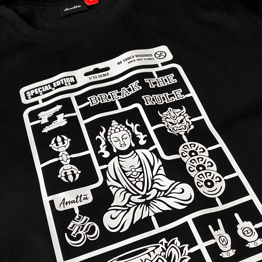 Buddha model kit - a close-up of a vintage-style Buddha model kit design printed on the front of a Japanese style black heavyweight T-shirt -1