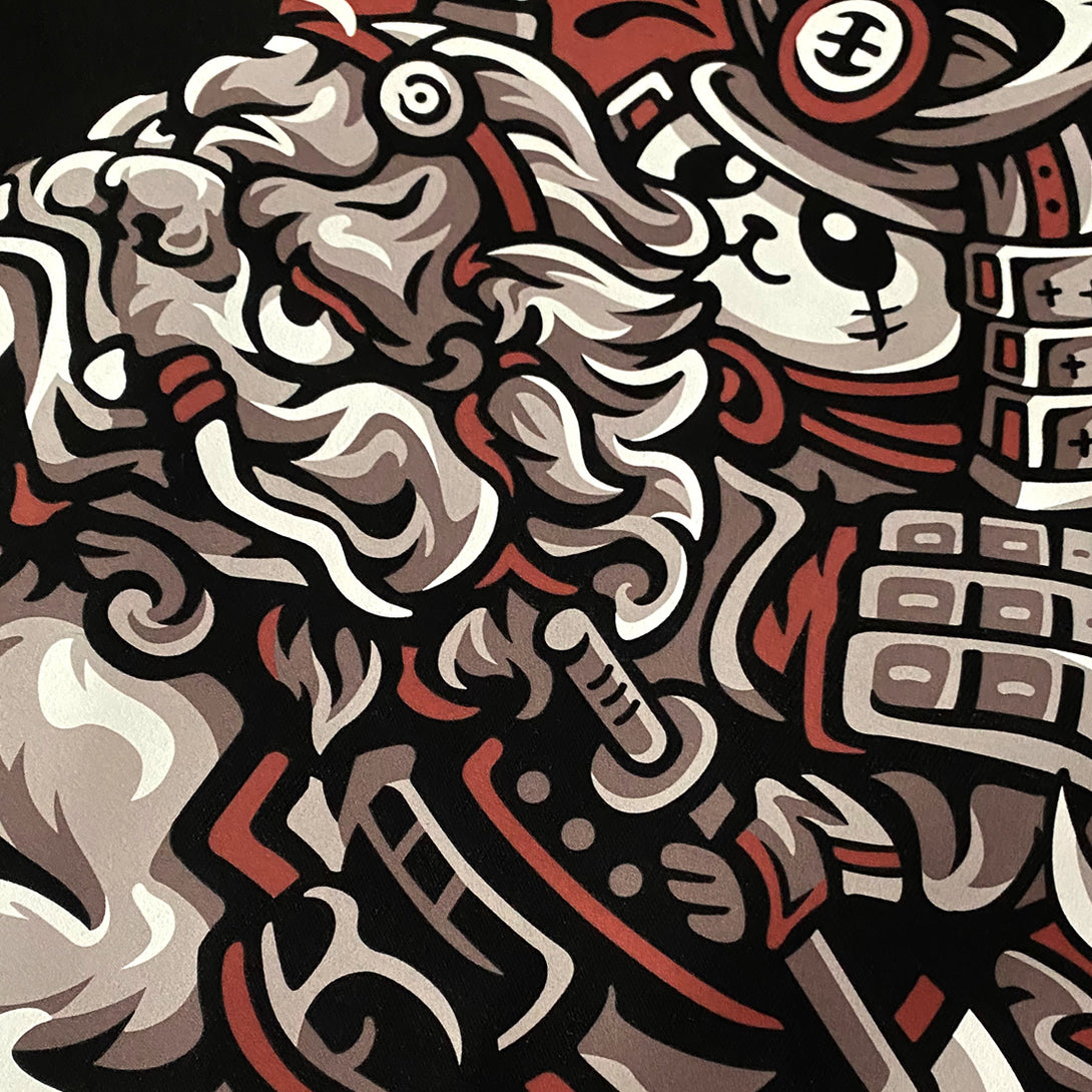 Dream Big - a close-up of a design of a panda warrior in Japanese style riding a Qilin printed on the front of a Japanese black sweatshirt-2