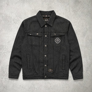 Front view of the Fenikkusu dark grey Japanese denim jacket with embroidered chest detail