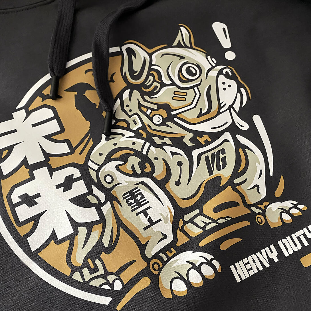 Robotic Dog - a close-up of a samurai commanding a mechanical battle dog graphic design, printed on the front of a Japanese style dark grey hoodie-1