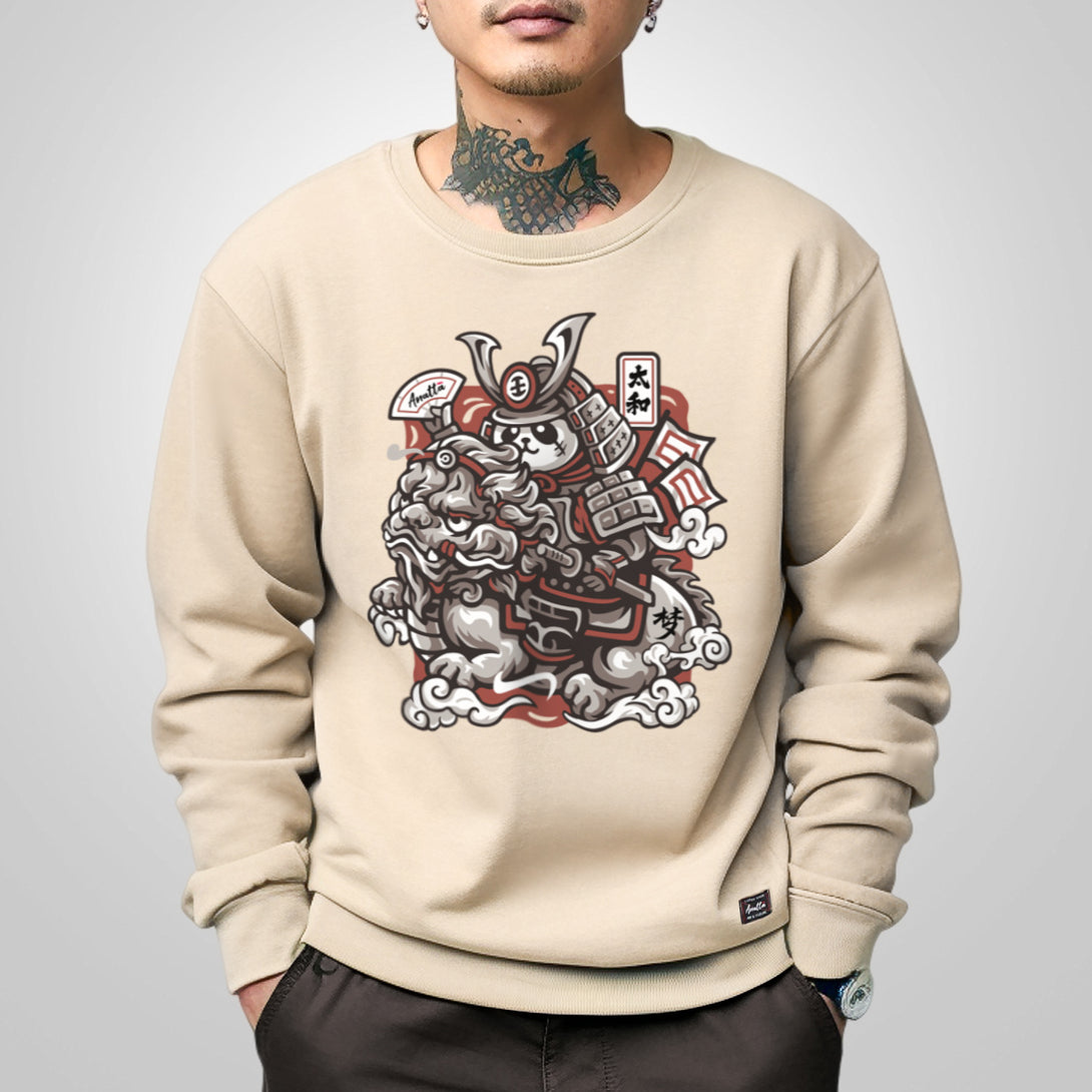 Dream Big - a model wearing a khaki sweatshirt featuring a design of a panda warrior in Japanese style riding a Qilin printed on the front