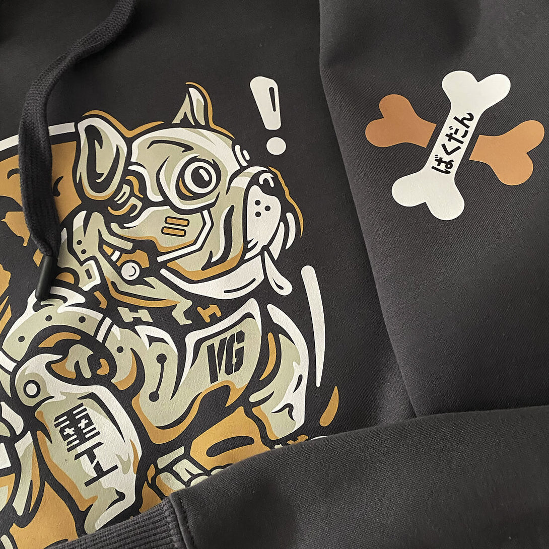 Robotic Dog - a close-up of a samurai commanding a mechanical battle dog graphic design, printed on the front of a Japanese style dark grey hoodie-2