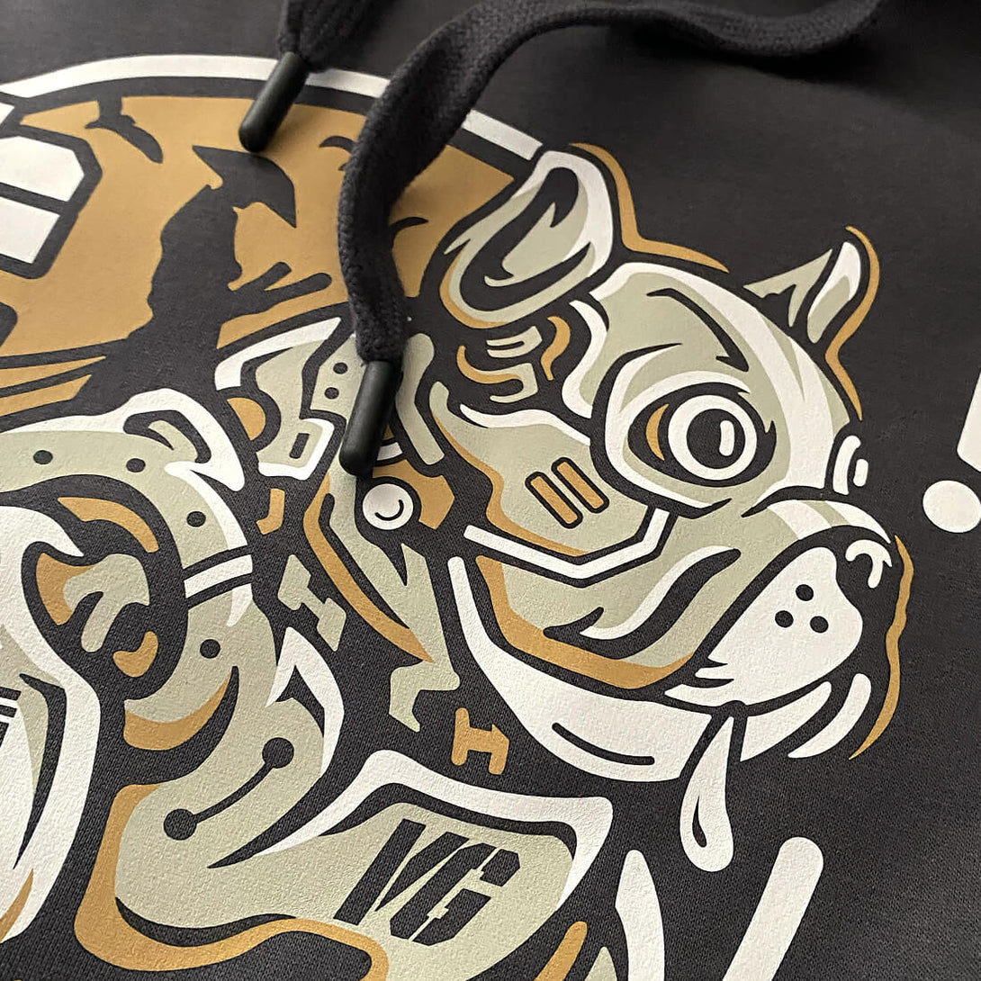 Robotic Dog - a close-up of a samurai commanding a mechanical battle dog graphic design, printed on the front of a Japanese style dark grey hoodie-3