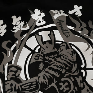 Bravery - a close-up of a design of a Japanese samurai, printed on the front of a Japanese style black sweatshirt-2, anatta streetwear