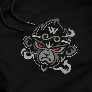 a close-up of the great sage wukong, printed on the Japanese style black sweatpants
