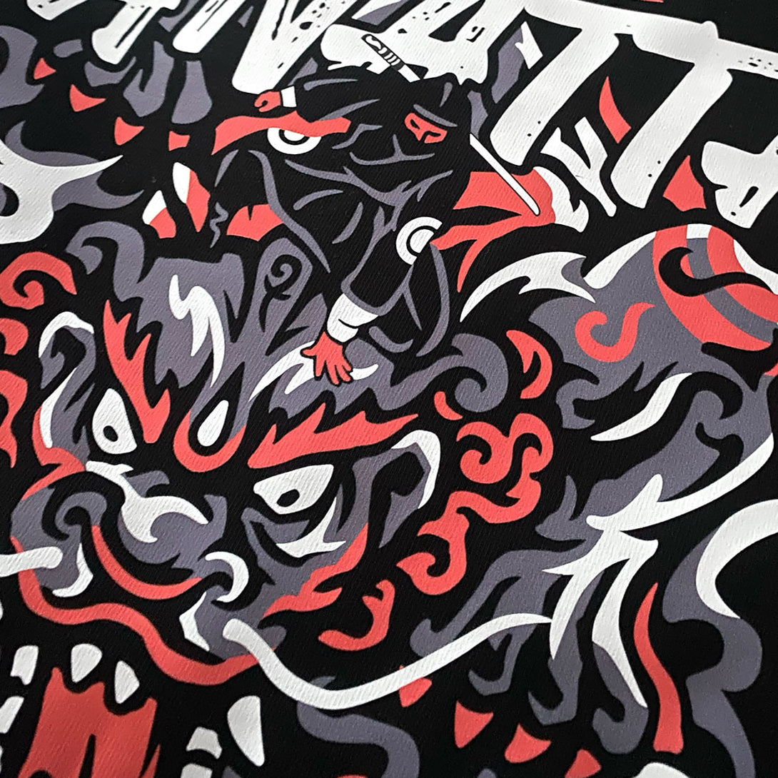 a close-up of a design showcasing a ninja controlling a mythical beast, printed on the Japanese style heavyweight T-shirt-2, anatta streetwear