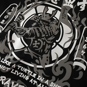Bravery - a close-up of a design of a Japanese samurai, printed on the front of a Japanese style black sweatshirt-1, anatta streetwear