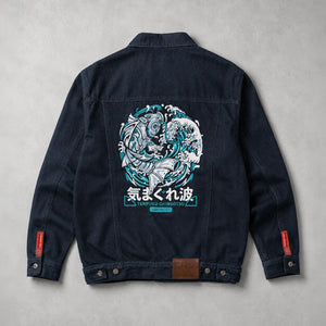 Rogue Wave denim jacket shown from the back with oversized Japanese wave embroidery.