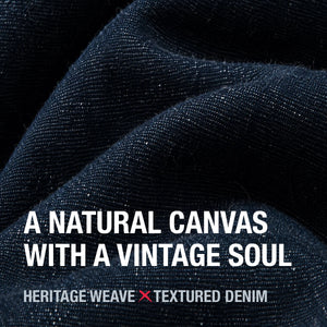 Close-up of the Rogue Wave denim jacket showing the textured heavyweight cotton denim fabric.