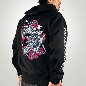 The tiger- a model wearing a black hoodie with the intricate illustration of a fierce Japanese tiger printed on the back-back view-2