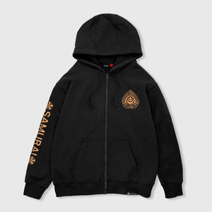 Kabuto - Front view of the Japanese style black zip-up hoodie, featuring a small graphic design on the front, The word 'samurai' printed on the right sleeve.