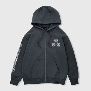 Mudra - Front view of the Japanese style dark grey zip-up hoodie, featuring a small graphic design on the front, english characters printed on the right sleeve