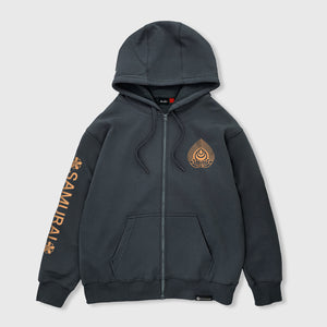 Kabuto - Front view of the Japanese style dark grey zip-up hoodie, featuring a small graphic design on the front, The word 'samurai' printed on the right sleeve.