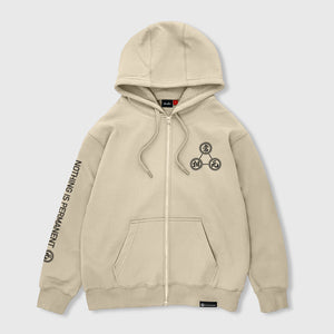 Mudra - Front view of the Japanese style khaki zip-up hoodie, featuring a small graphic design on the front, english characters printed on the right sleeve